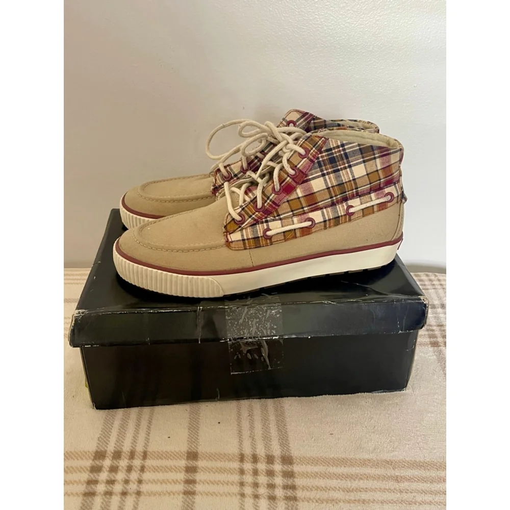 Polo Ralph Lauren Lander Chukka Boots Mens 8D Madras Plaid Tan Canvas